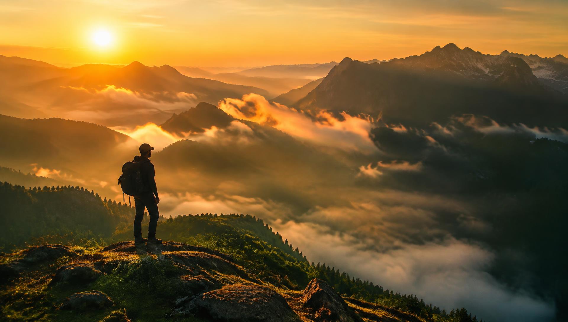 Hiker on a mountain ridge at sunrise
